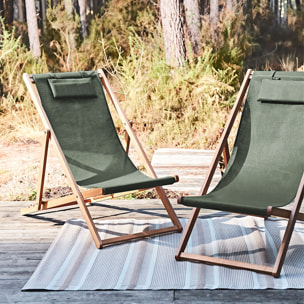 Chiliennes bois - Creus - 2 transats en bois d'Eucalyptus huilé avec coussin repose-tête savane