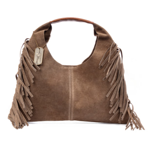 Balmuccia borsa a mano donna. Pelle scamosciata autentica, con frange.