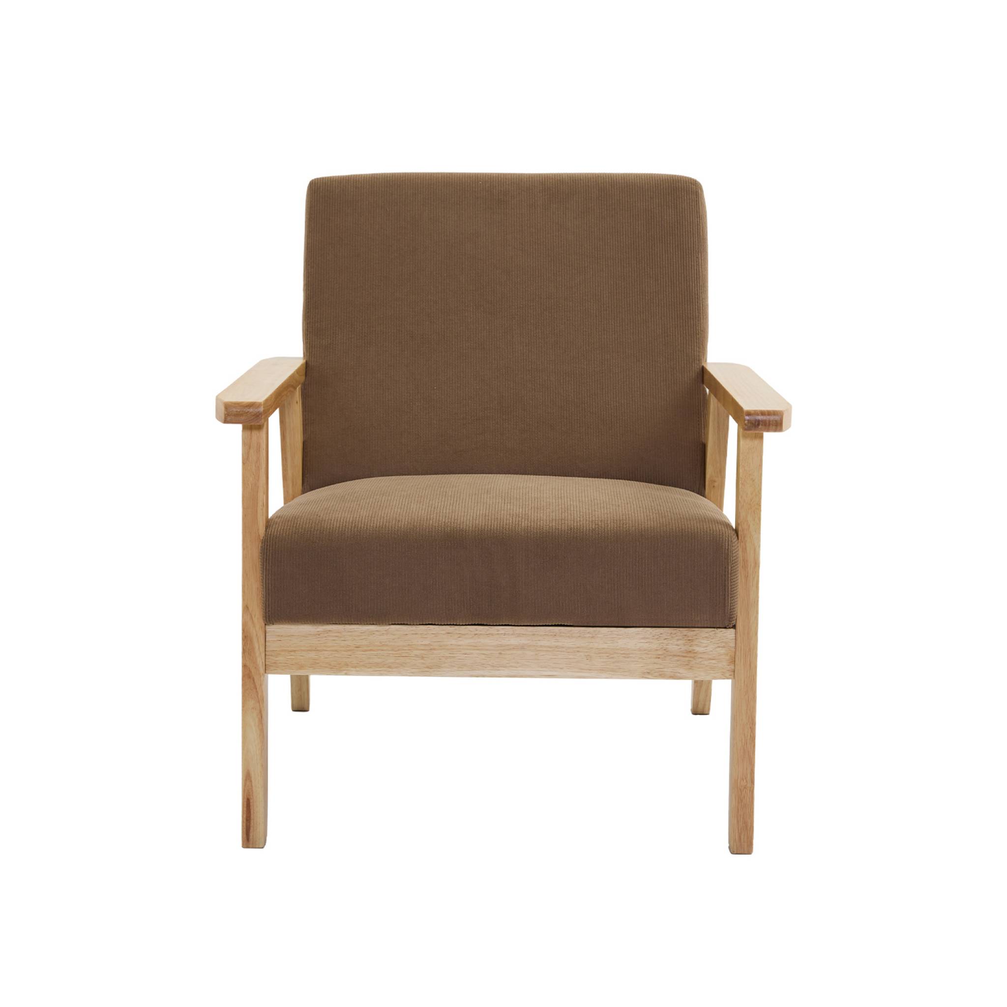 Fauteuil vintage / scandinave structure en bois et contreplaqué et assise en velours côtelé taupe