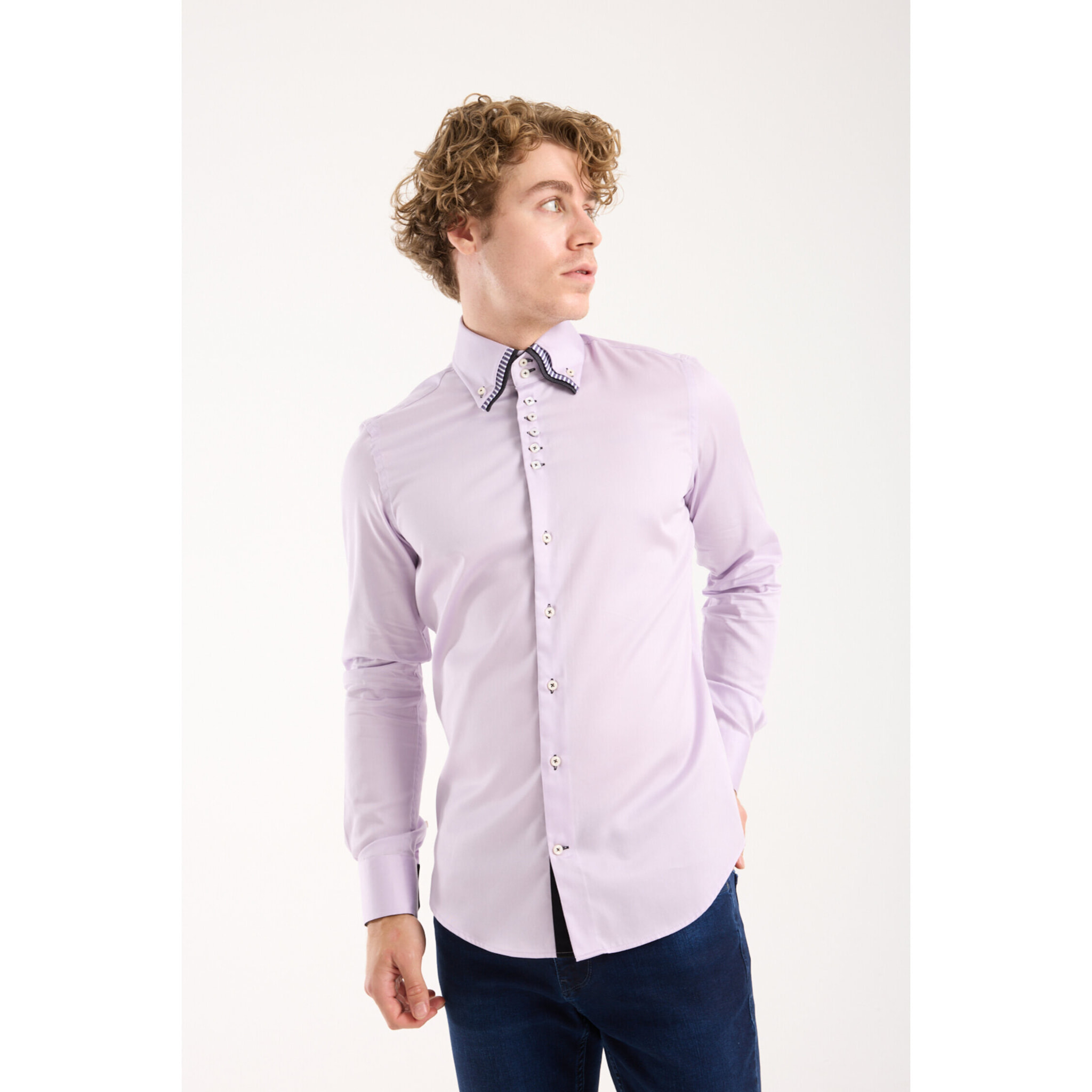 Camicia Uomo 2 Bottoni Button Down Triplo Collo Slim Satin Unito Lilla