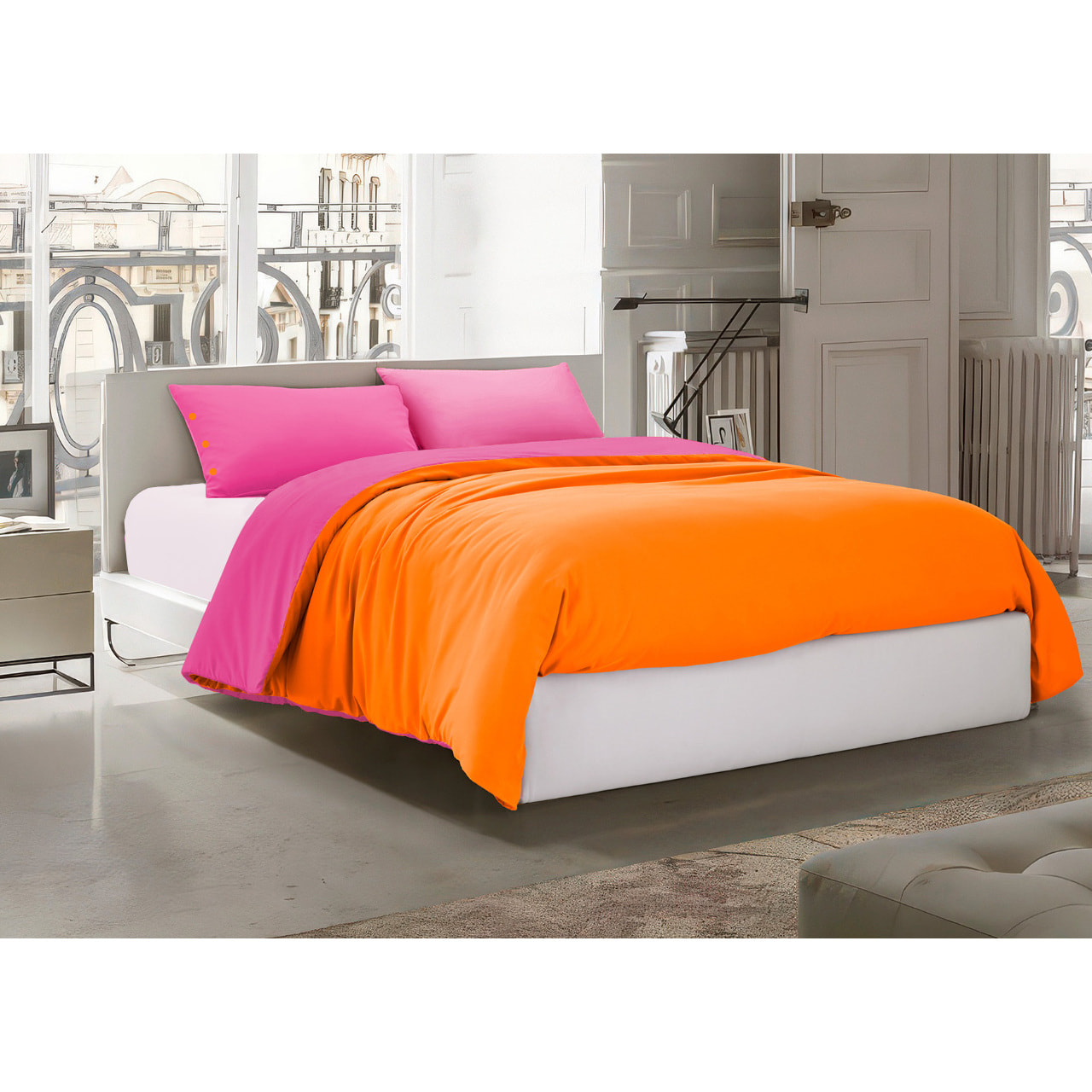 Parure Copripiumino Bicolor Estate/Inverno 100% Cotone Tinta Unita Amici Arancio/Fucsia