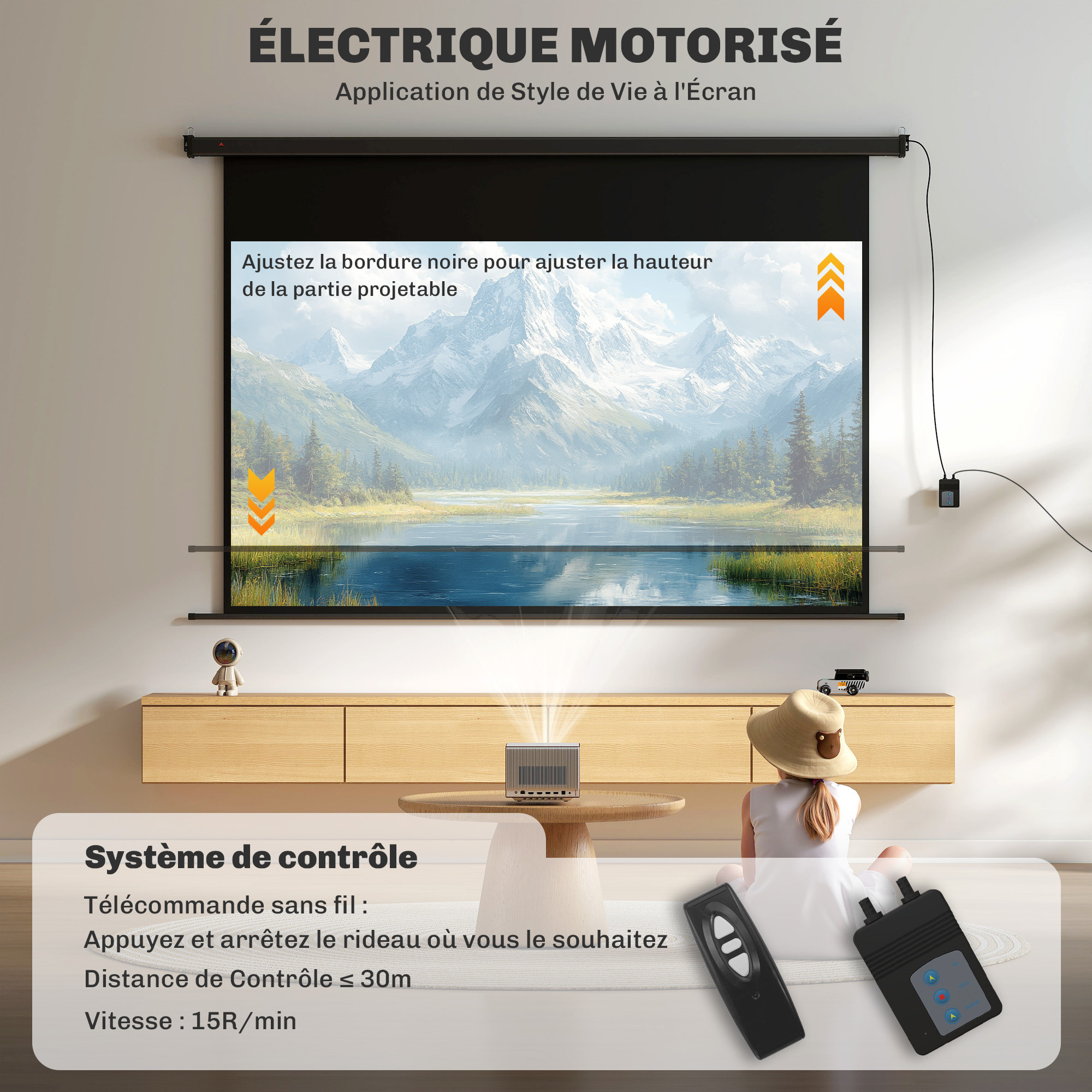 Écran de projection motorisé 100 pouces, 16:9 4K HD - mural avec télécommande - noir