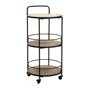 Carrello rotondo in metallo e legno, con 3 ripiani e pratiche rotelle, colore nero, Misure 41,5 x 82 x 40 cm