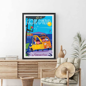 Poster retro le soleil de la cote d'azur Affiche + cadre en bois - Noir