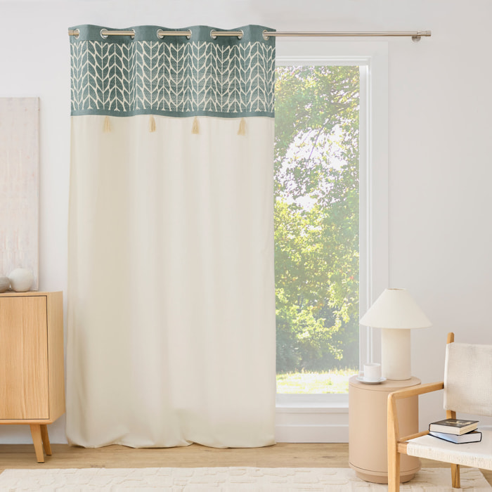 Rideau tamisant à œillets en polycoton jacquard avec pompons - Vert