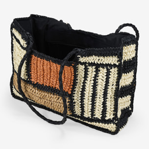 Bolso de hombro negro y beige de esparto