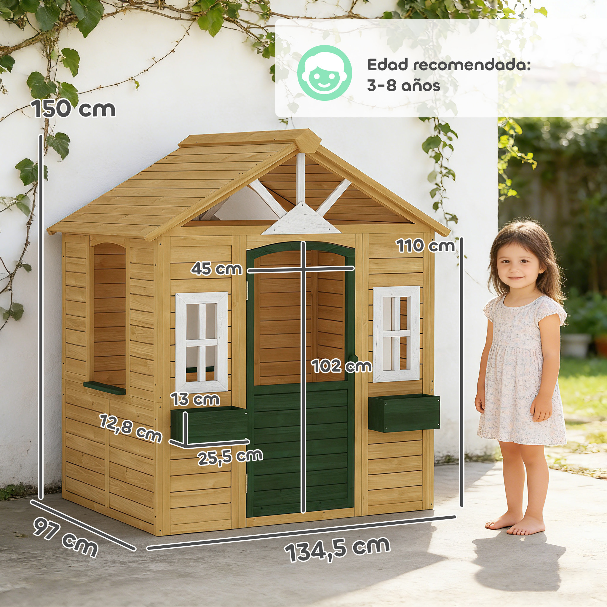 Casita Infantil Exterior e Interior de Madera, Casita Infantil con 2 Maceteros, 3 Ventanas, Media Puerta, Casa de Jardín para Niños de 3-8 Años, Marrón