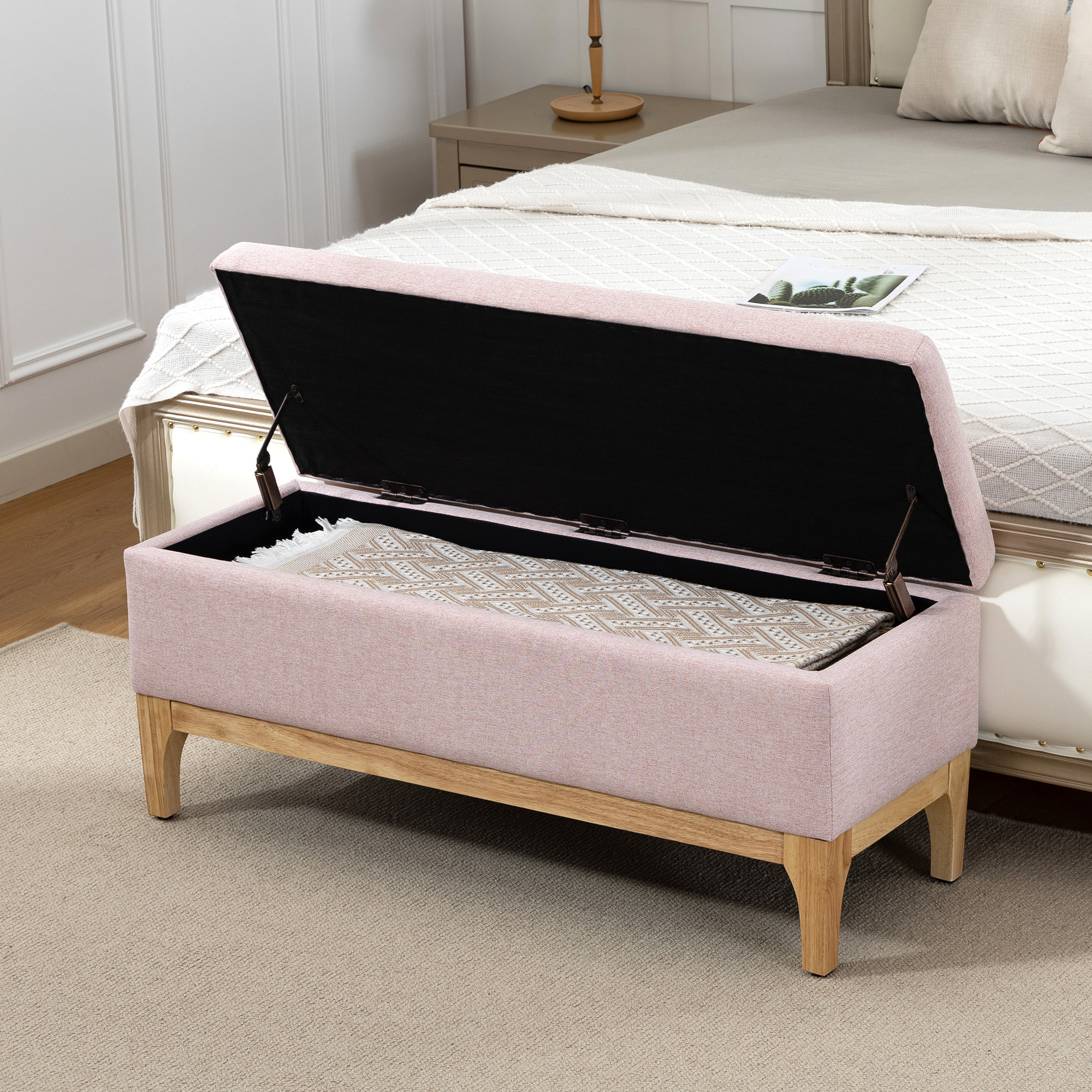 Banquette coffre de rangement 2 en 1 style scandinave dim. 110L x 39l x 45H cm tissu rose