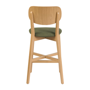 Tabouret de bar en bois clair chêne et tissu effet velours texturé vert kaki H65 cm LUCIA