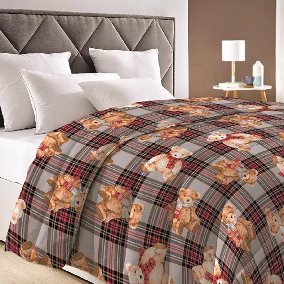 INTRECCI Piumino Singolo, 170 x 260 cm, Piumino Ecologico, Caldo, Invernale, 300 g/m², Anallergico e Antiacaro, Made in Italy, Lavabile in Lavatrice, Soffice, Morbido. Fantasia: Tartan Orsetti