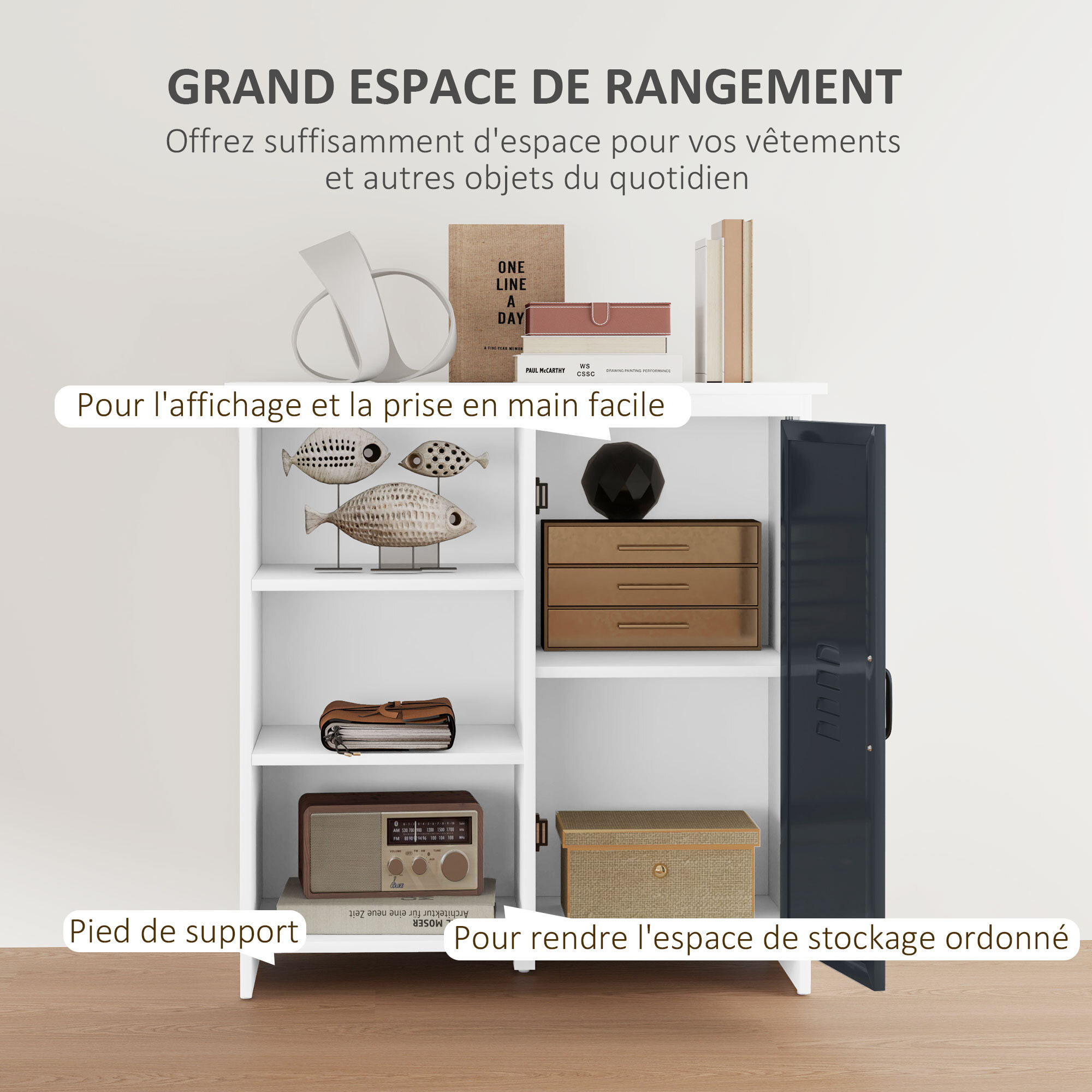 Buffet design industriel - meuble de rangement 3 niches placard - blanc métal gris