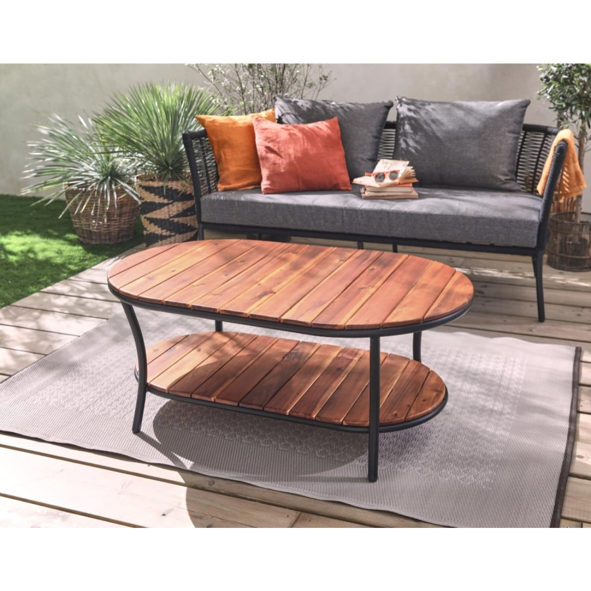 MOANA - salon bas de jardin 4 pl + table - corde, métal et bois - noir coussins gris - housse de protection - Multicolore