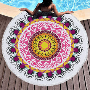 Asciugamano rotondo 150 cm 205 GSM. Design mandala rosa.