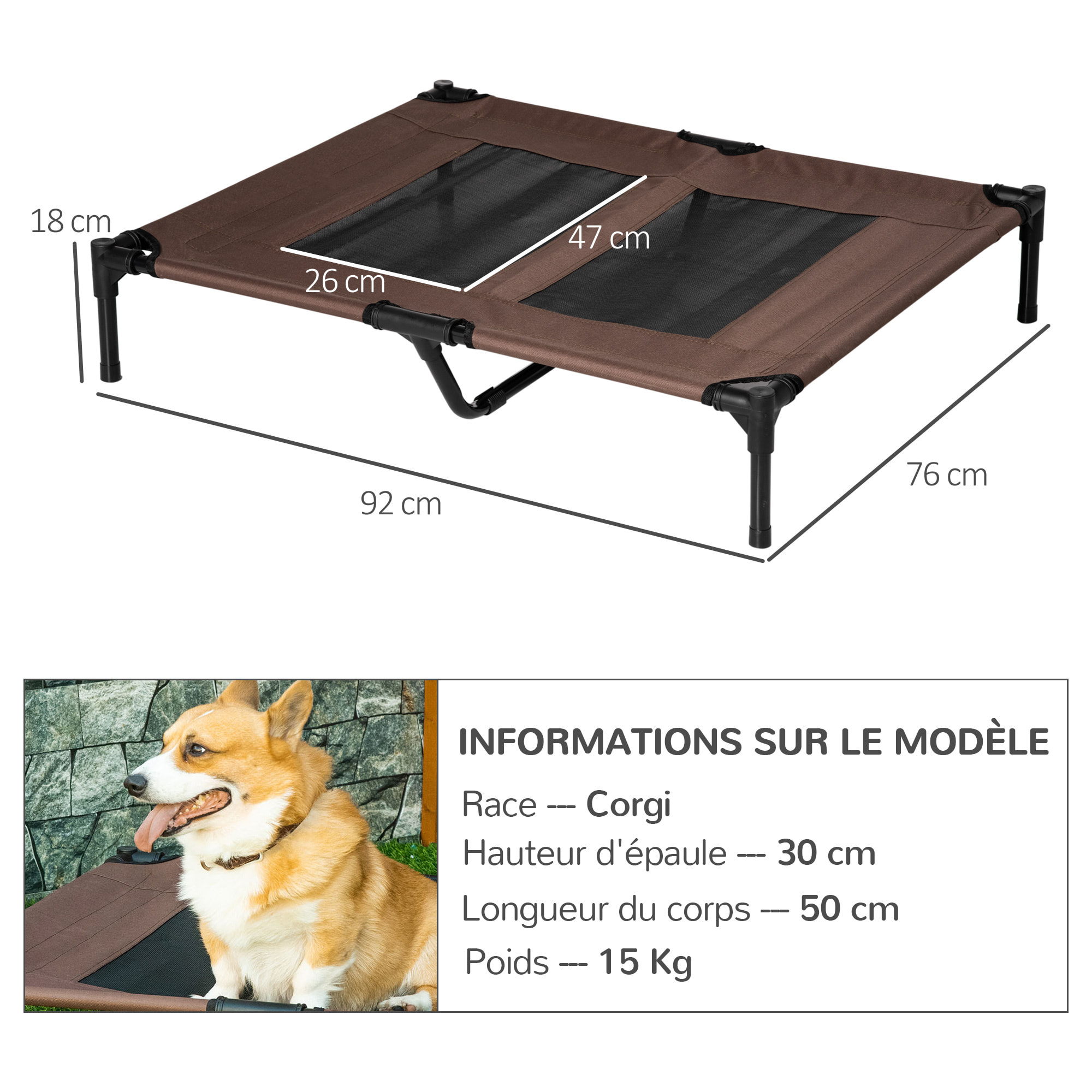 Lit sur pieds pour chien chat lit de camp animal lit surélevé Oxford textilène micro-perforé dim. 92L x 76l x 18H cm marron
