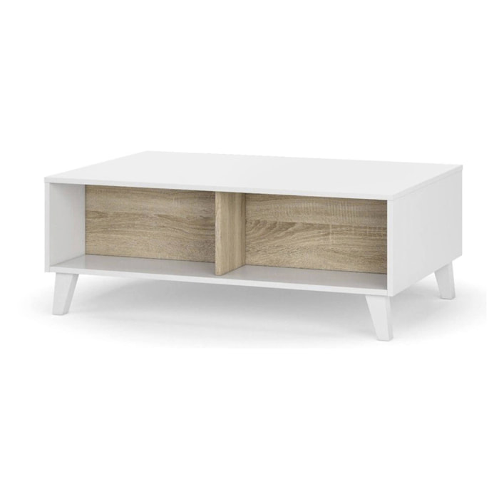 Tavolino da salotto Parche, Tavolino da caffè con piano elevabile, Tavolo basso da soggiorno, 100x68h38 cm, Bianco lucido e Rovere