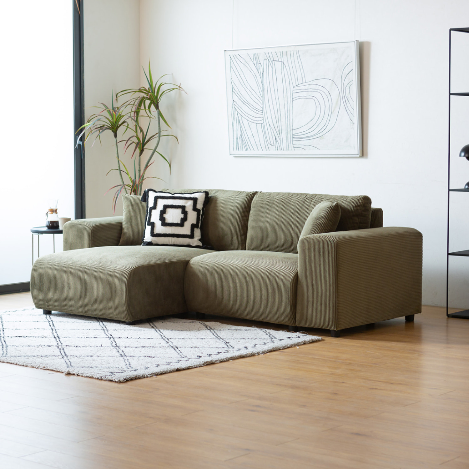 JAMBI Canapé d'angle réversible 3 places en velours côtelé vert