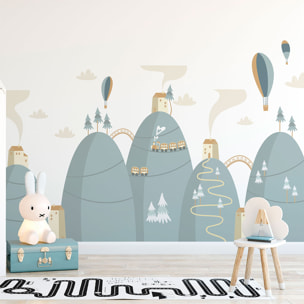 Stickers muraux enfants - Décoration chambre bébé - Autocollant Sticker mural géant enfant montagnes scandinaves MONTGOLFIÈRES HAUT DANS LE CIEL