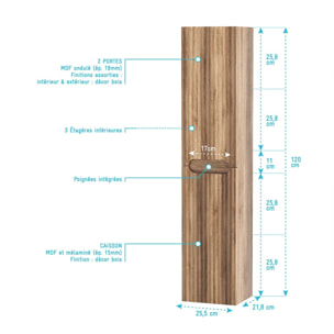 Meuble et colonne de Salle de Bains LEON 80cm Décor Bois - Façades Ondulées - Vasque Blanche Mate