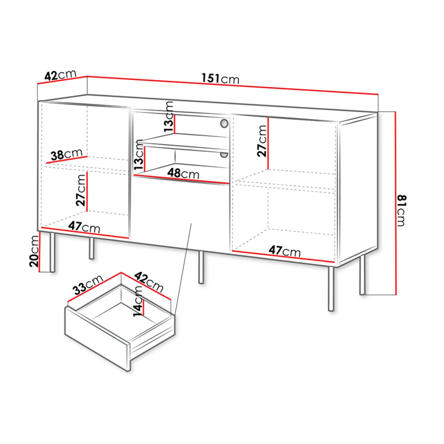 Franco - buffet bas - effet bois - 2 portes, 2 niches et 1 tiroirs - 150 cm - Bois / Noir