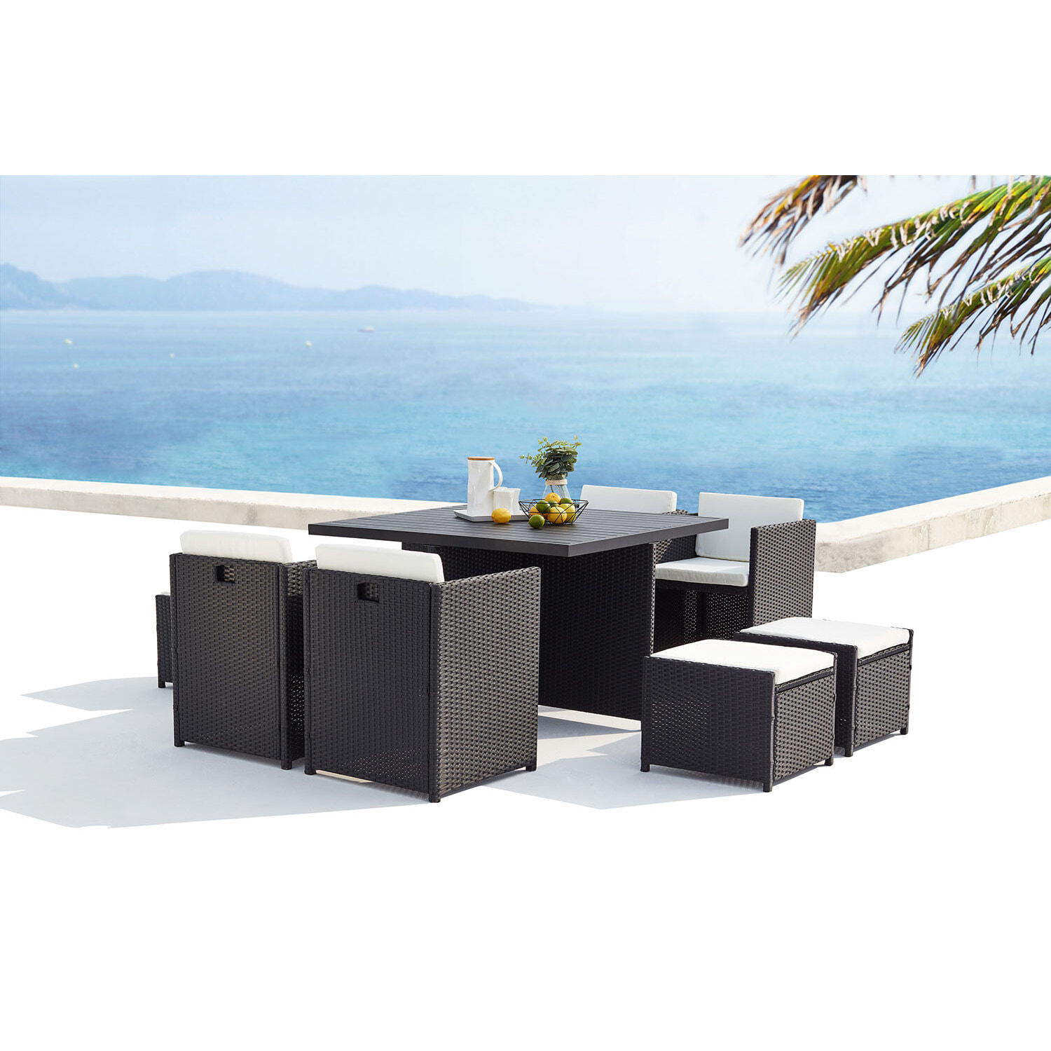 Table et chaise 8 places encastrables alu résine noir-blanc ABASA
