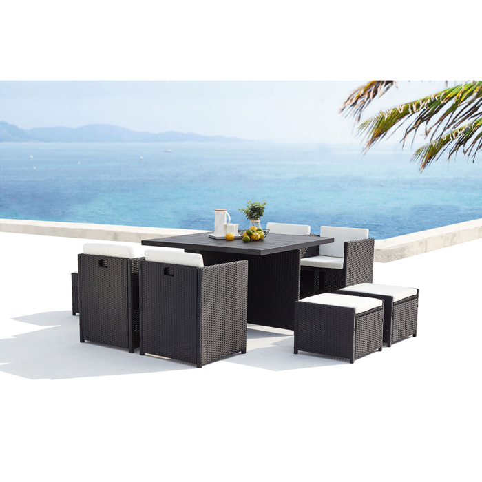 Table et chaise 8 places encastrables alu résine noir-blanc ABASA