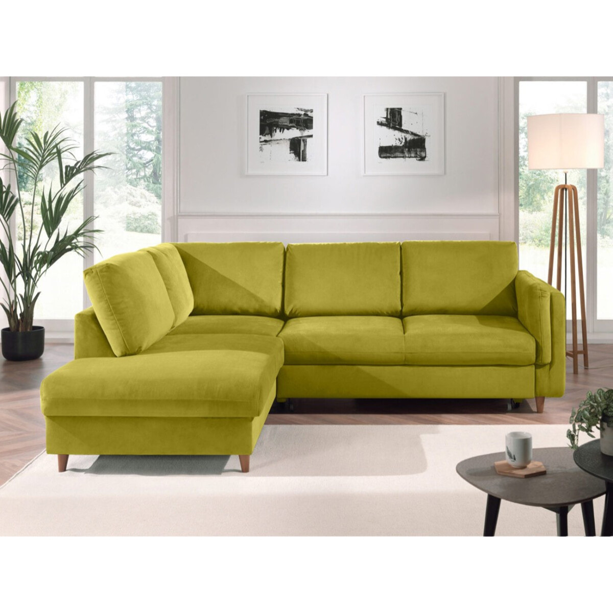 Brooke - canapé d'angle gauche - convertible - 5 places - en velours - Vert Olive