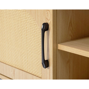 Nagato - meuble tv - cannage et effet bois - 2 portes et 2 niches - 120 cm - Bois / Noir
