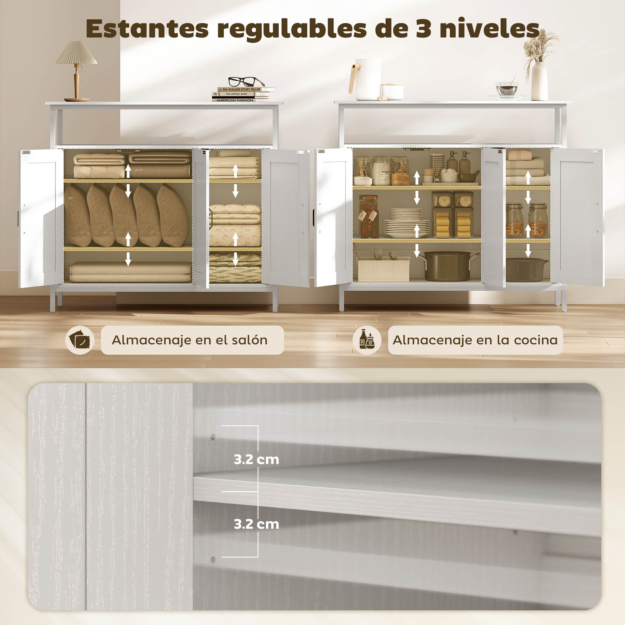 Aparador 3 Puertas, Aparador para Salón Industrial, con Compartimento Abierto, Estantes Ajustables, para Comedor, Entrada, Dormitorio, Blanco, 100x35x88 cm