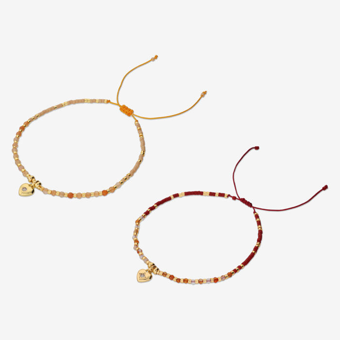 Set 2 Bracciali Regolabili con Pietre Naturali Multicolore e Ciondolo Cuore