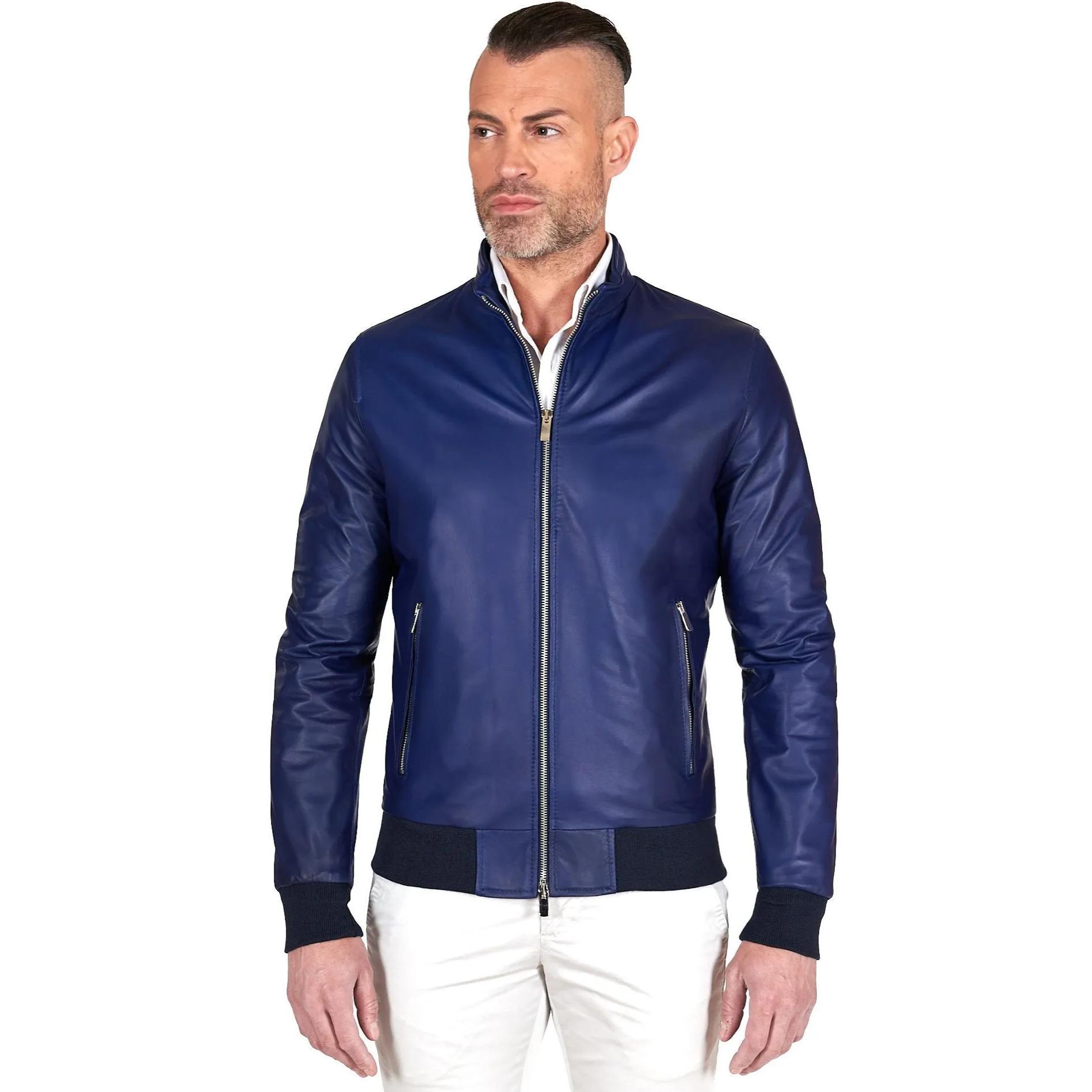 Giubbotto bomber in pelle naturale blu elettrico colletto coreana