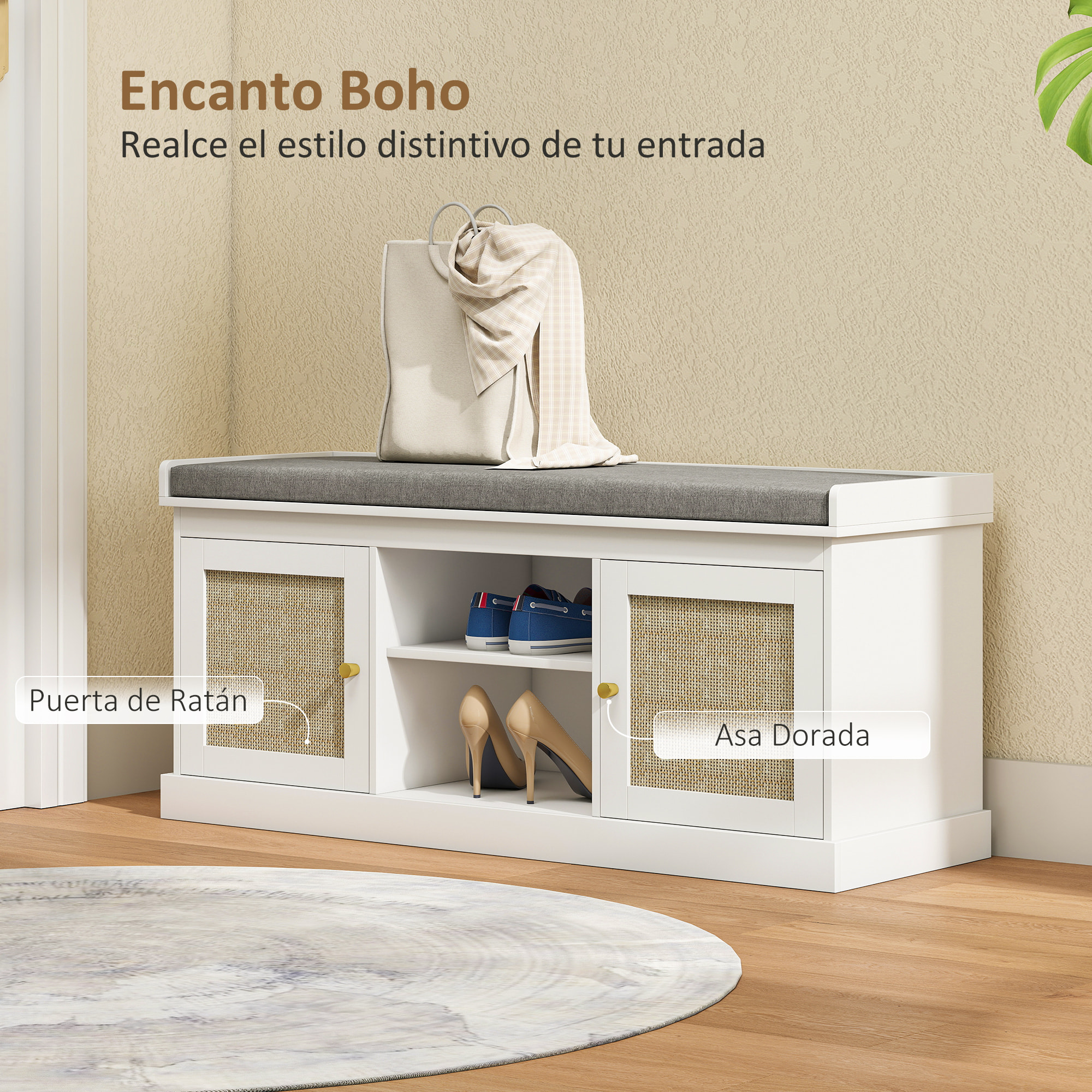 Banco Zapatero Mueble Zapatero Banco Recibidor Bohemio con Asiento Acolchado Puertas Frentes de Ratán Estante Abierto Estante Ajustable para 9 Pares de Zapatos para Entrada 105x35x47 cm Blanco