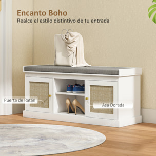 Banco Zapatero Mueble Zapatero Banco Recibidor Bohemio con Asiento Acolchado Puertas Frentes de Ratán Estante Abierto Estante Ajustable para 9 Pares de Zapatos para Entrada 105x35x47 cm Blanco