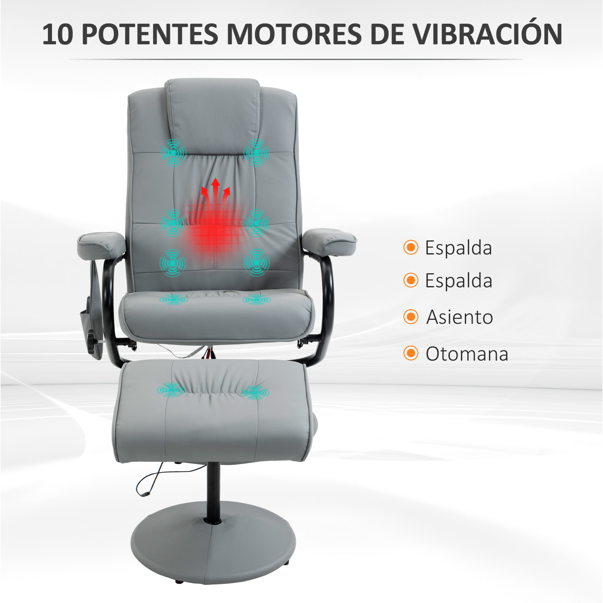 Sillón de Masaje Eléctrico con Reposapiés Sillón Relax Giratorio Reclinable hasta 145° con Control Remoto y 10 Puntos de Masaje Tapizado en PU Gris