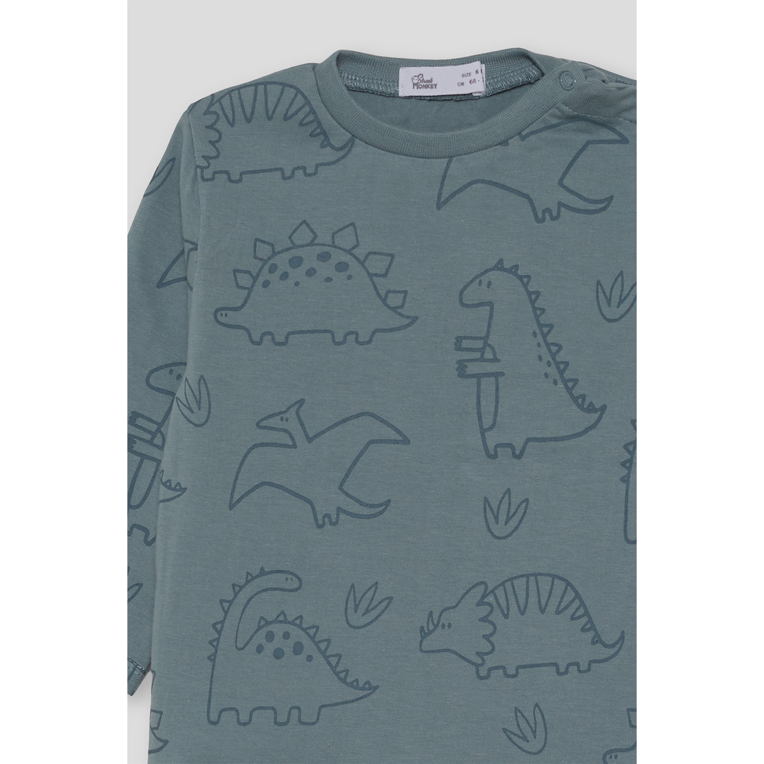 Camiseta niño azul verdoso de manga larga, estampado de dinosaurios y botón a presión en el hombro | Color: Azul verdoso | Street Monkey