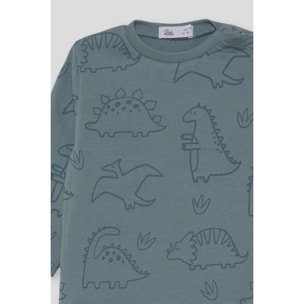 Camiseta niño azul verdoso de manga larga, estampado de dinosaurios y botón a presión en el hombro | Color: Azul verdoso | Street Monkey