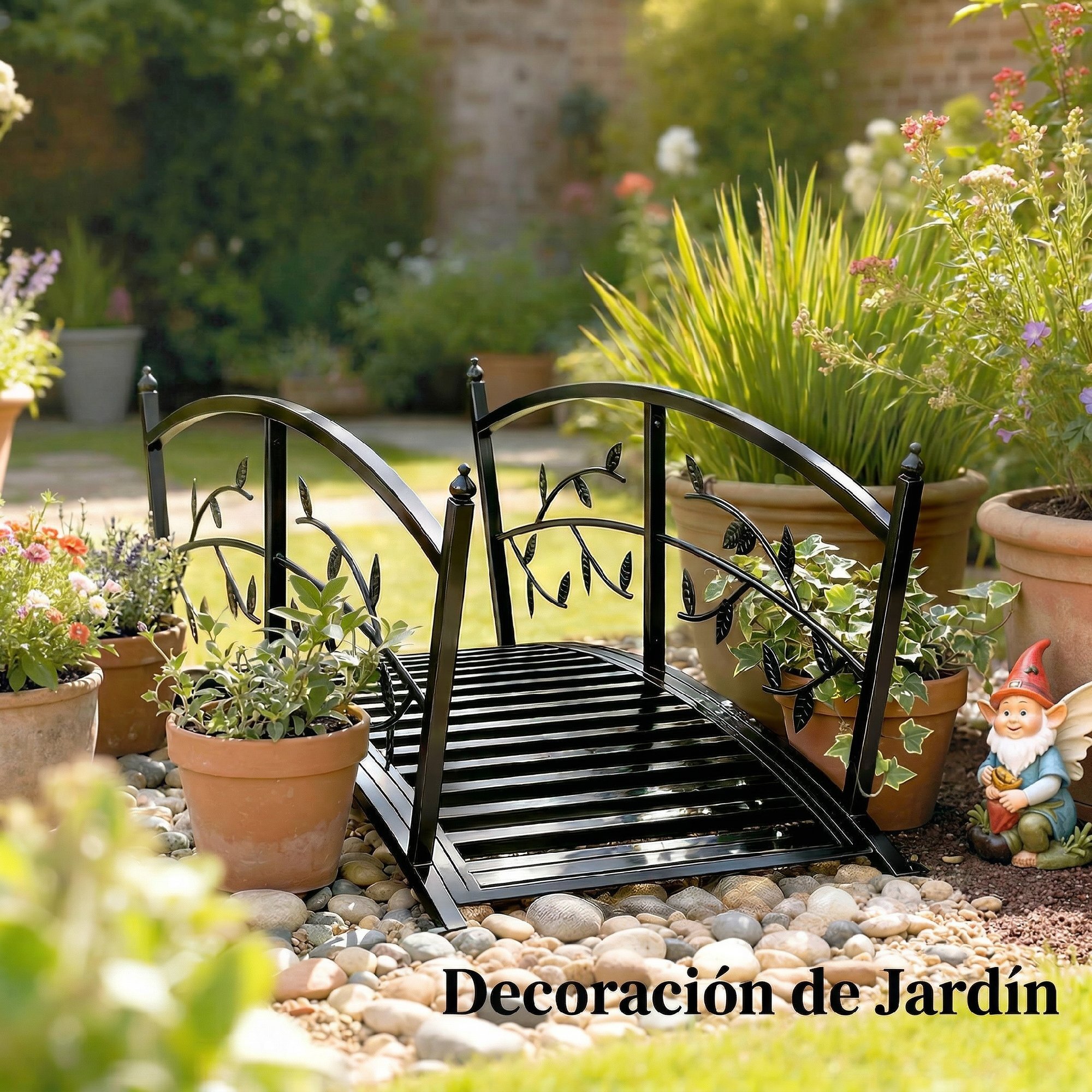 Puente de Jardín Metálico, 1,2 m, Puente Decorativo para Estanques con Barandillas de Seguridad y Diseño de Hojas, Carga 100 kg, Construcción Resistente, Fácil Montaje, Negro