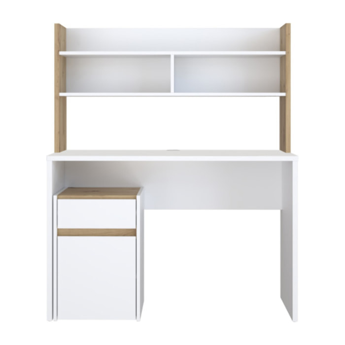 Bureau et sur-meuble de bureau avec rangements blanc, effet chêne - L 110 CM - KIARA
