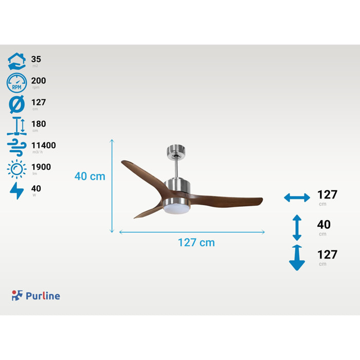 Ventilateur de Plafond ø127 cm avec Wifi Réversible Hypersilence pour 35 m² 40 W Argent