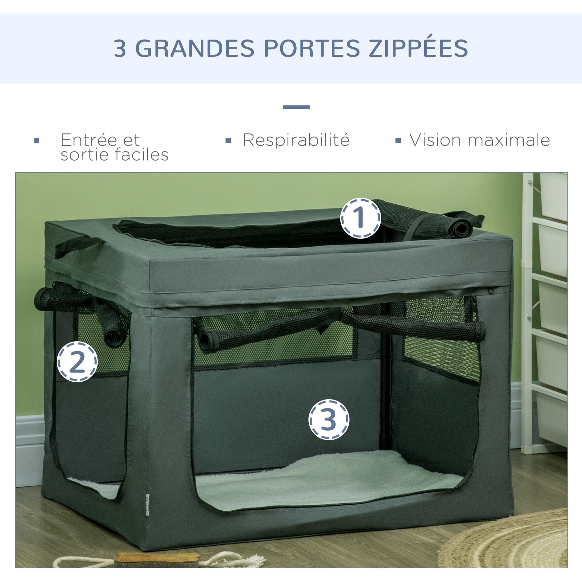 Sac de transport pliable pour chien chat - 2 poignées, 3 portes - dim. 79L x 57l x 57H cm - acier polyester gris