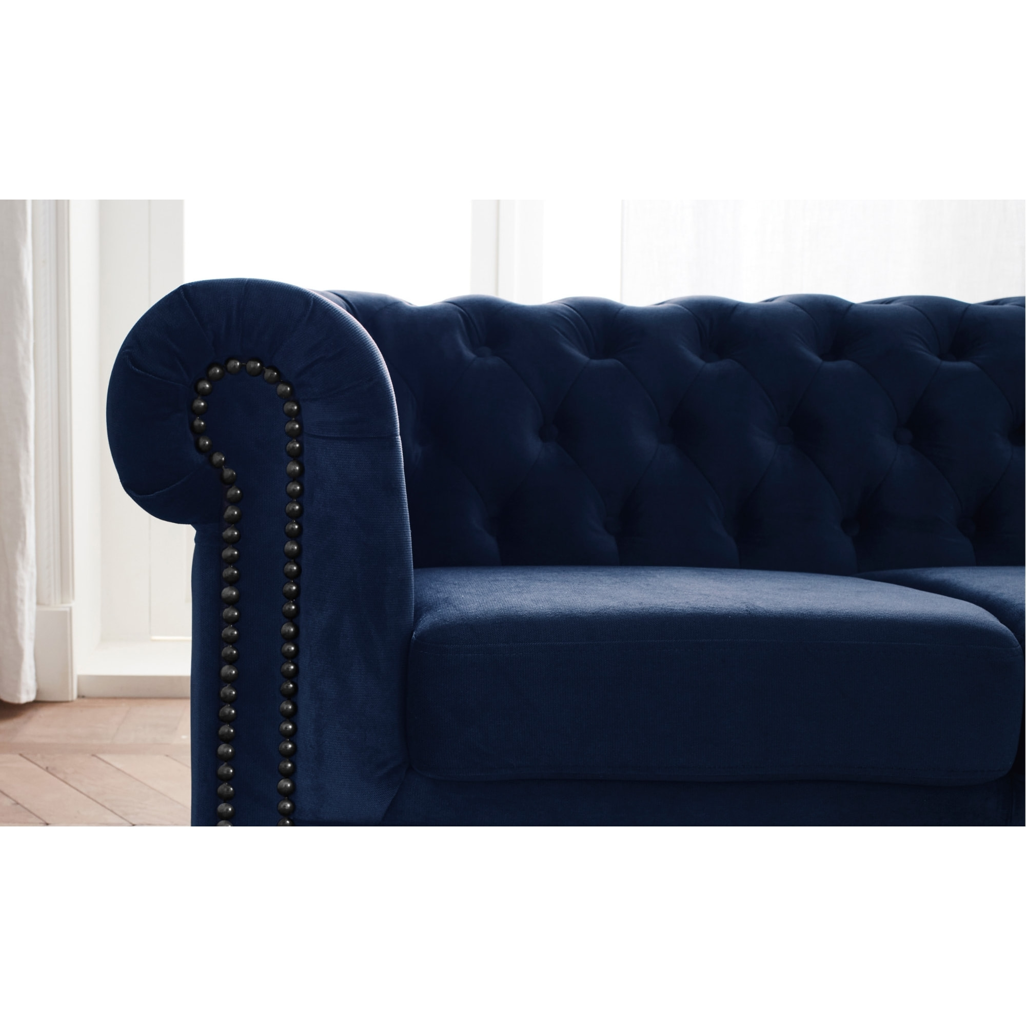 William - canapé Chesterfield d'angle droit - 4 places - en velours - Bleu nuit