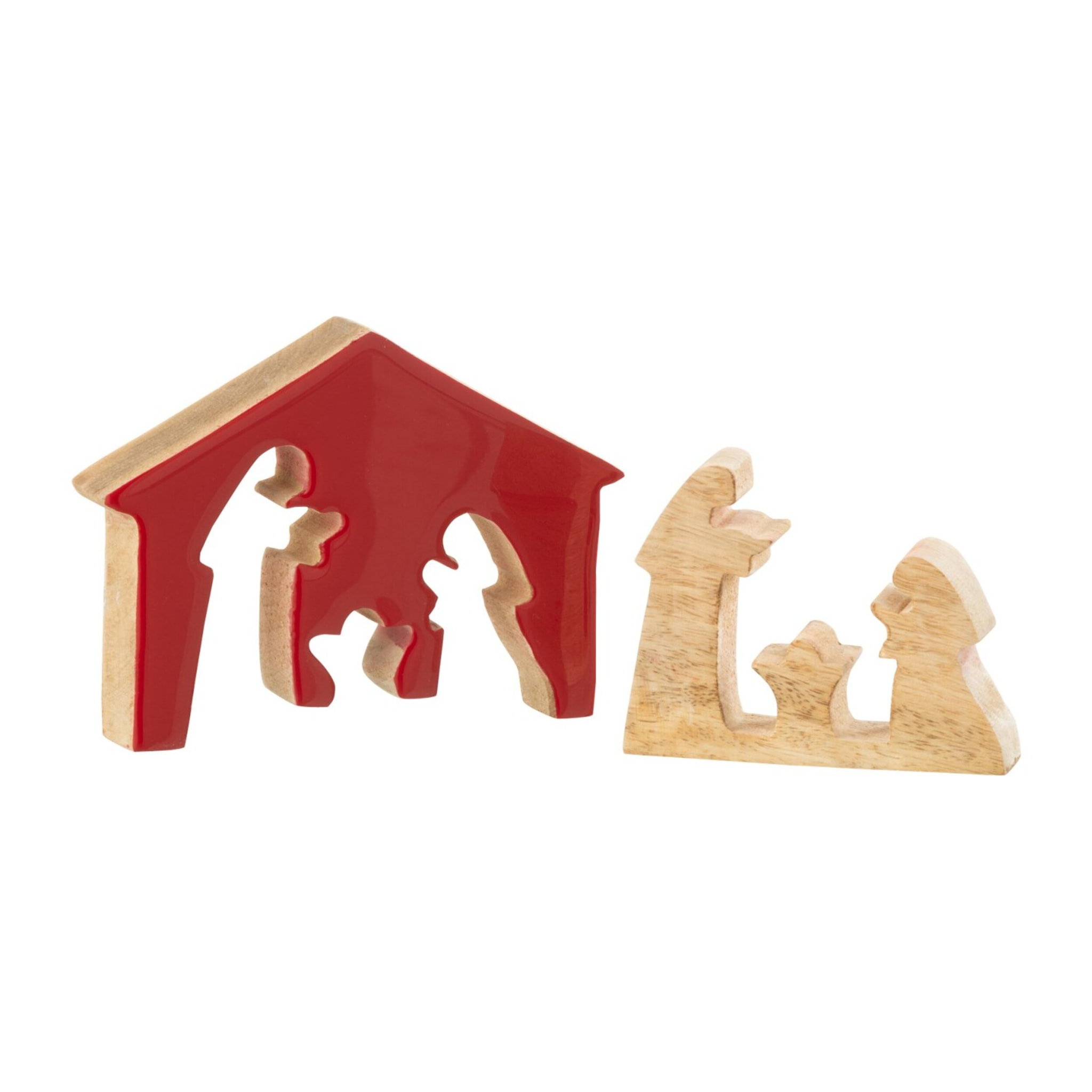 J-Line décoration Crèche Noël Maison - bois - rouge/naturel - small