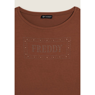 T-shirt donna con logo strass e glitter