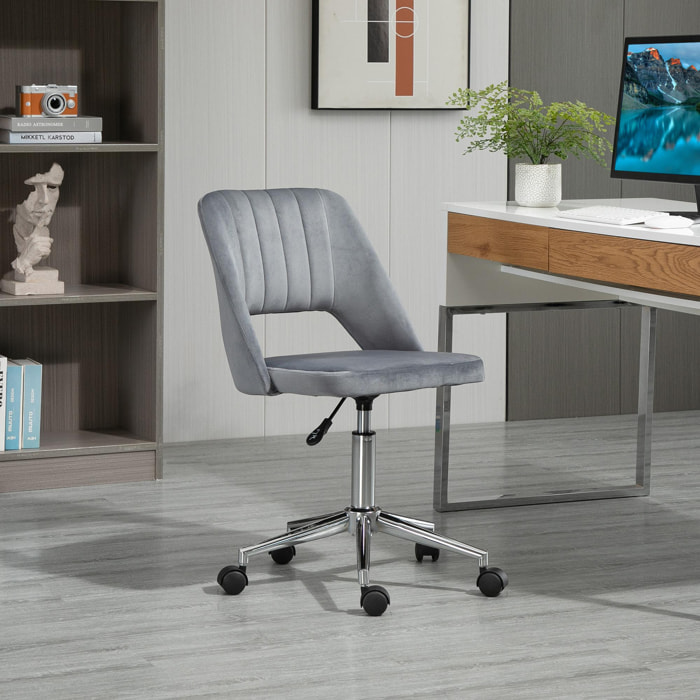 Chaise de bureau design contemporain dossier ergonomique ajouré strié hauteur réglable pivotante 360° piètement chromé velours gris