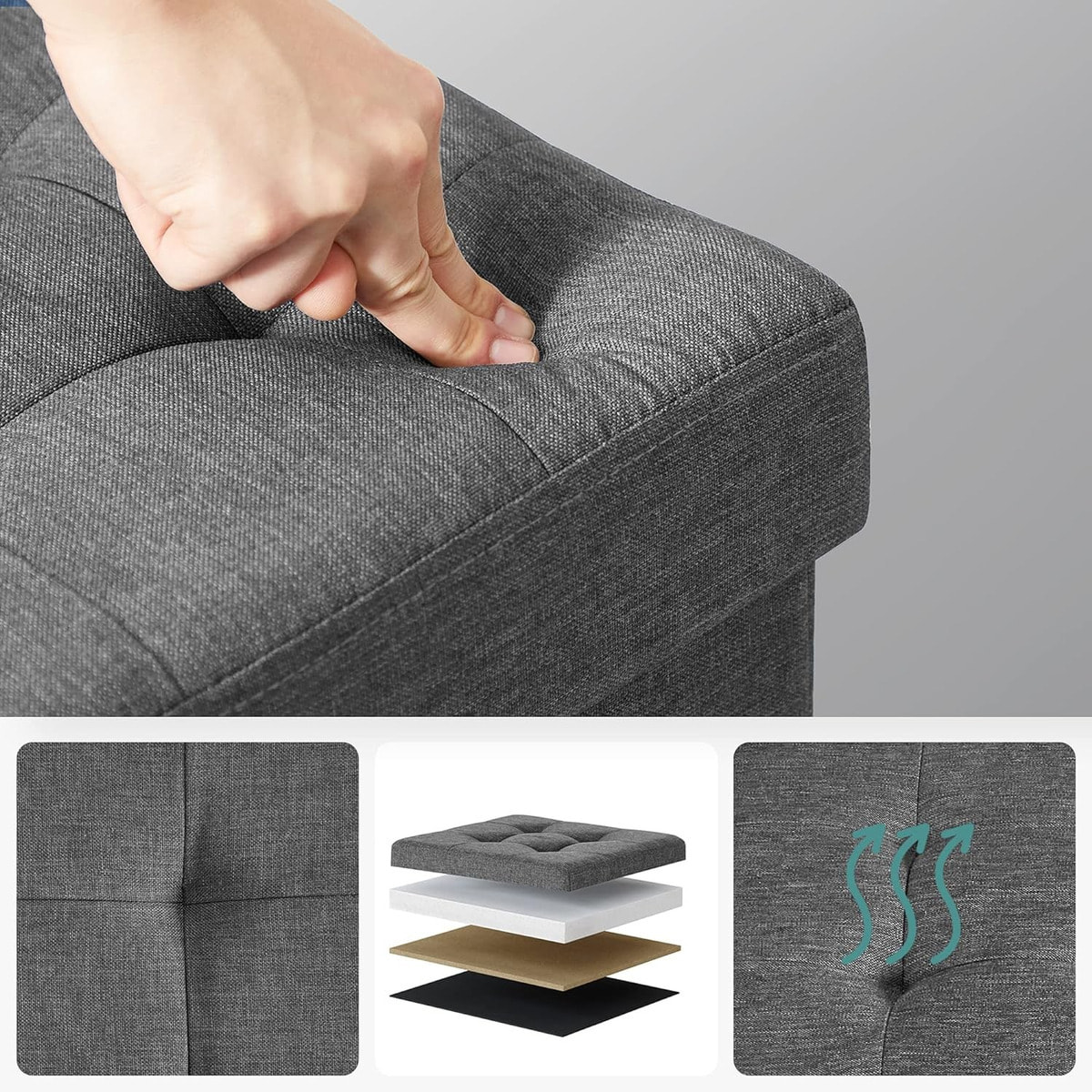 Pouf contenitore pieghevole grigio scuro in simil lino