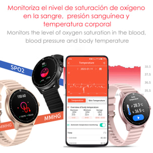 DAM Smartwatch ZW45 con notificaciones de Apps, llamadas Bluetooth. Monitor de tensión y oxígeno en sangre. Corona multifunción. 4,9x1,1x4,7 Cm. Color: Rosa