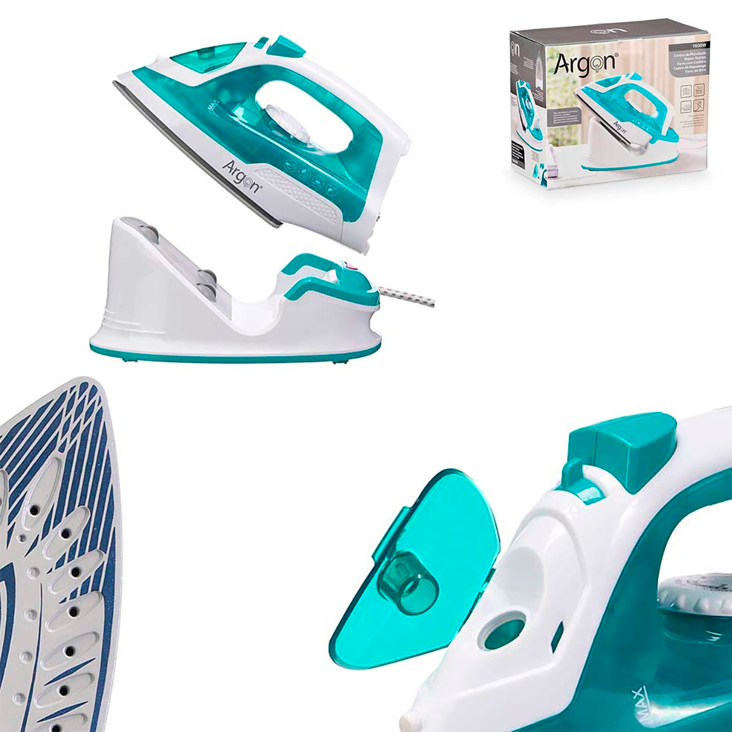 Plancha inalámbrica verde con suela cerámica, 1600W de potencia y 170ml de capacidad.