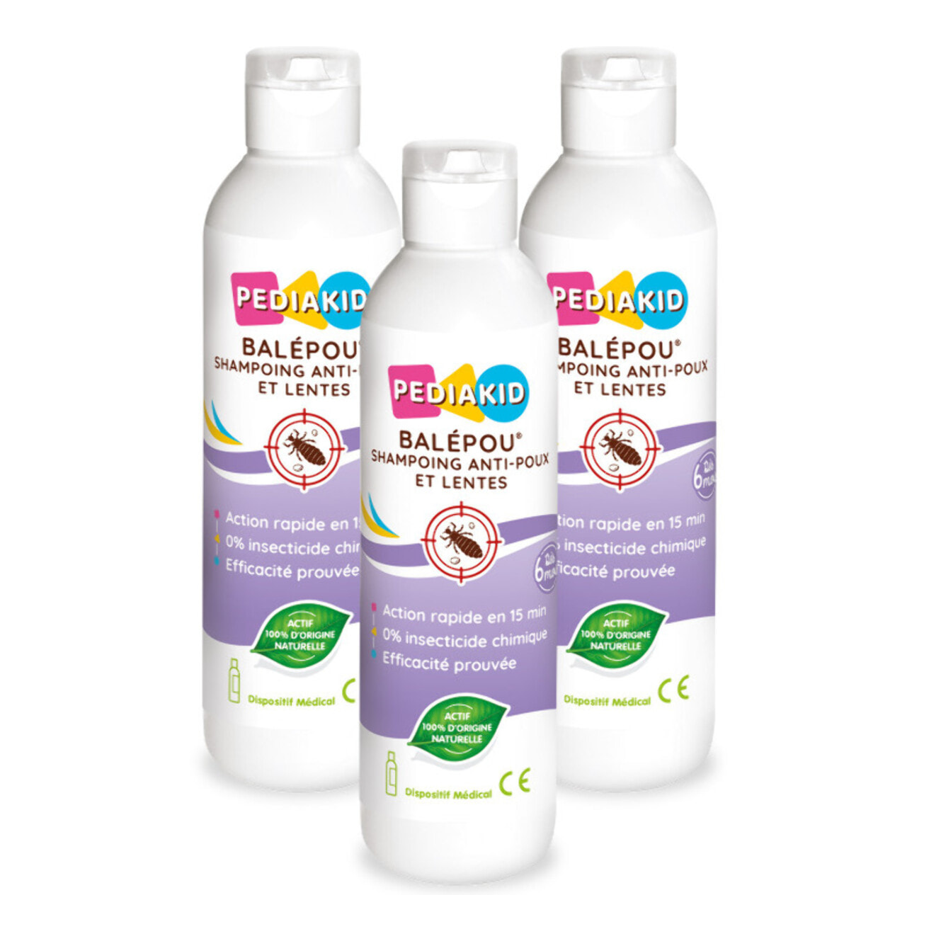 PEDIAKID - Balépou® Shampoing - Traitement Anti-Poux et Lentes Naturel - Agit en 15 Minutes - Dès 3 Mois - Dispositif Médical - Lot de 3