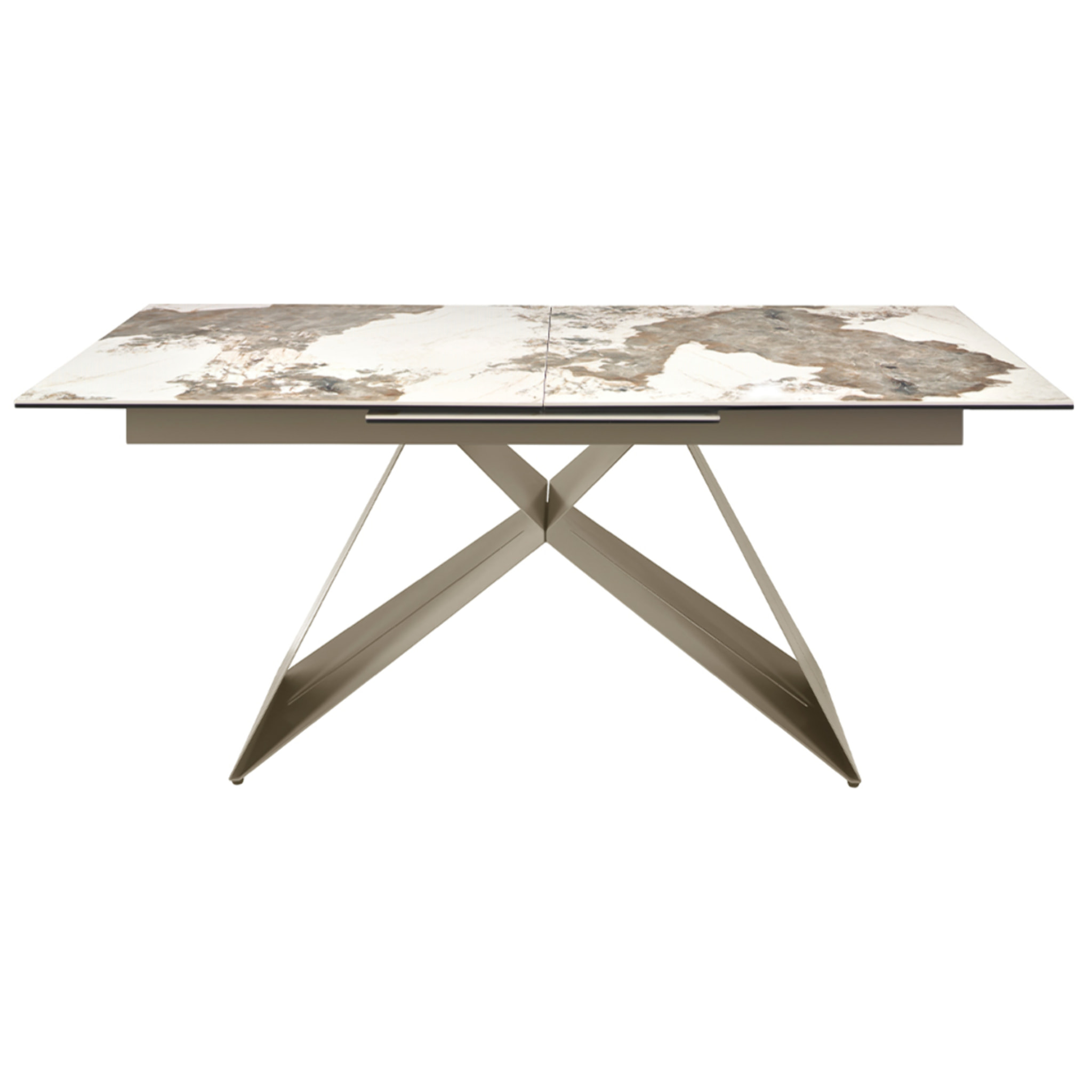 Mesa comedor extensible rectangular con tapa de mármol porcelánico blanco con vetas en tonos tierra en acabado brillo 180x90x76cm