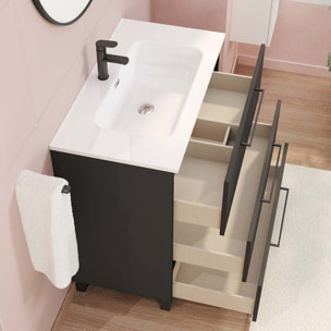 Conjunto de baño Haru | Mueble de baño con patas | 80 cm Negro| Tres cajones | Lavabo encastrado | No incluye espejo | Alday
