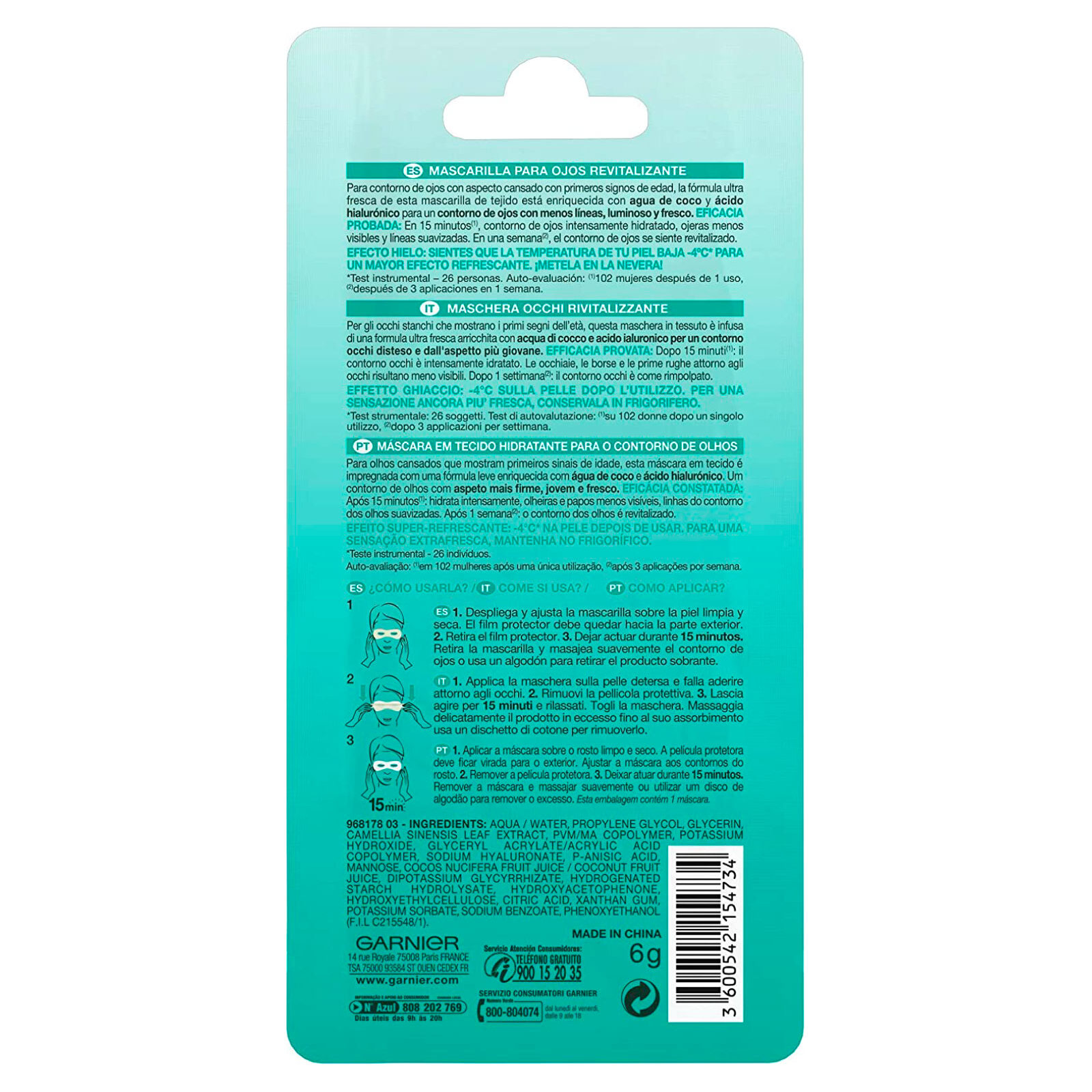 4x Maschera Occhi Revitalizzante in Tessuto Skinactive Effetto Ghiaccio Acqua di Cocco e Acido Ialuronico